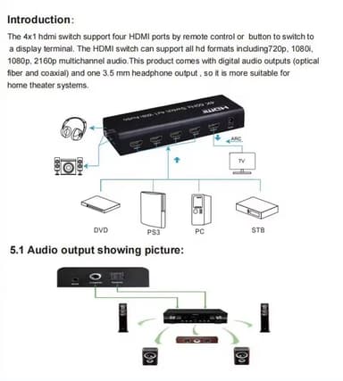 NÖRDIC HDMI Switch 4 till 1 Ultra HD 4K60Hz 4:4:4 HDCP2:2 HDR10 SPDIF och stereo Dolby DTS HD PS3/4/5, Xbox, Chromecast, kompatibel med Nintendo Switch
