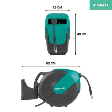 VONROC Automatisk Luftslangvinda | 30m Premium Gummislang | Universella Kopplingar | För Pneumatiska Verktyg & Kompressorer