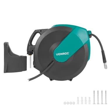 VONROC Automatisk Luftslangvinda | 30m Premium Gummislang | Universella Kopplingar | För Pneumatiska Verktyg & Kompressorer