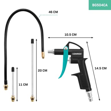 VONROC PRO Luftblåspistol | Tryckluftsdriven | EURO/DIN 7,2 mm | Inkl. Munstycken | För Rengöring av Verkstad, Fordon, Maskiner & Elektronik