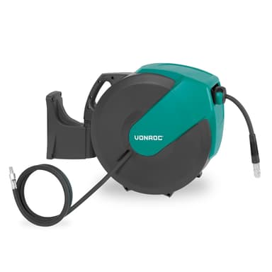 VONROC Automatisk Luftslangvinda | 30m Premium Gummislang | Universella Kopplingar | För Pneumatiska Verktyg & Kompressorer