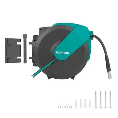 VONROC Automatisk Luftslangvinda | 15m Premium Gummislang | Universella Kopplingar | För Pneumatiska Verktyg & Kompressorer