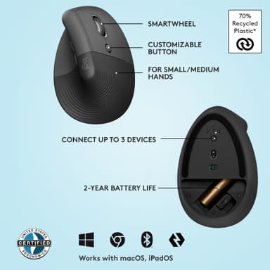 Logitech Lift Vertical trådlös mus (grafit)