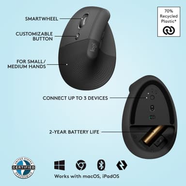 Logitech Lift Left Vertical trådlös mus (grafit)