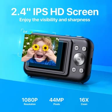 Digitalkamera med 1080P, 44MP, 16 x zoom, 2,4-tumsskärm Blå
