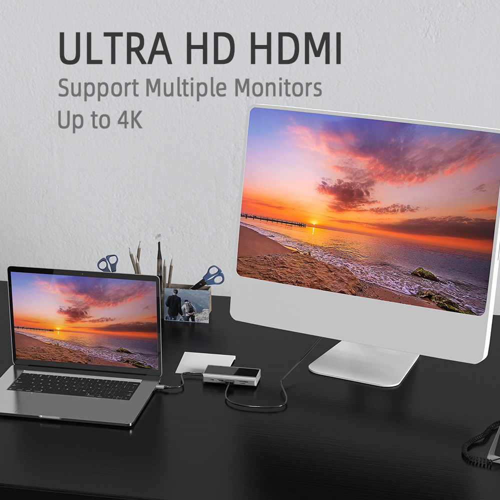 11 i 1 USB C Hub med USB 3.0, HDMI, RJ45, SD/TF-kortläsare, 100W PD-la