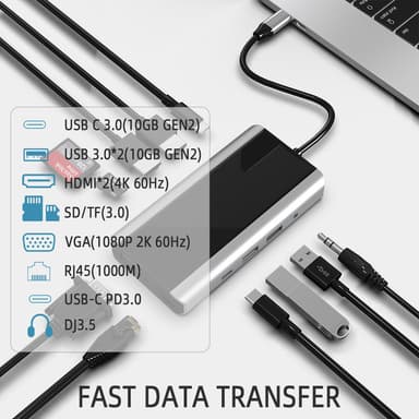 11 i 1 USB C Hub med USB 3.0, HDMI, RJ45, SD/TF-kortläsare, 100W PD-la
