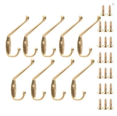 9-pack Väggmonterade Metallkrokar, Dubbla Stift Guld