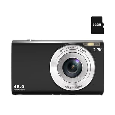 Digitalkamera 48MP 2,7K FHD 16X digital zoom, webcam, autofokus Svart