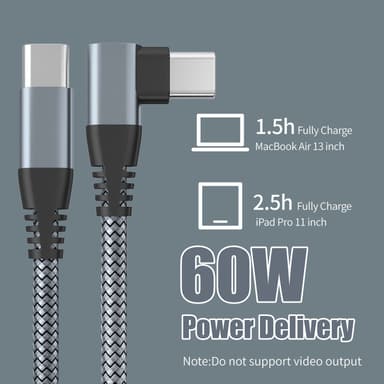 USB-C laddare med vinklad kontakt 60 W snabbladdning Grå 2 m