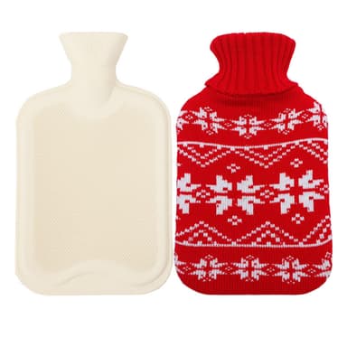 Varmvattenflaska av gummi med stickat lock (1000 ml) Röd
