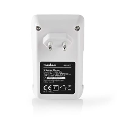 Nedis NiMH Batteriladdare AA / AAA | 1.2 V DC | Underhållsladdning | Euro / Typ C (CEE 7/16) | Batteritypsenergi: AA / AAA | Svart / Vit
