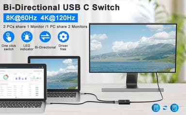 NÖRDIC USB-C 2 till 1 Switch & 1 till 2 Splitter, 8K/60Hz 4K/144Hz 100WPD 10Gbps Data+Video+PD