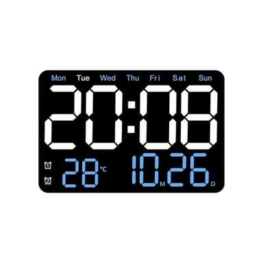 Digital bordsklocka med stora LED-siffror och multifunktionell display