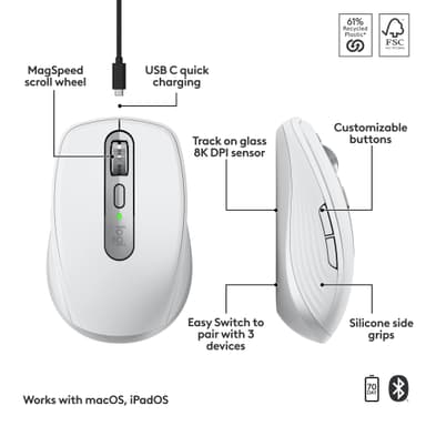 Logitech MX Anywhere 3S för Mac trådlös mus (Pale Grey)