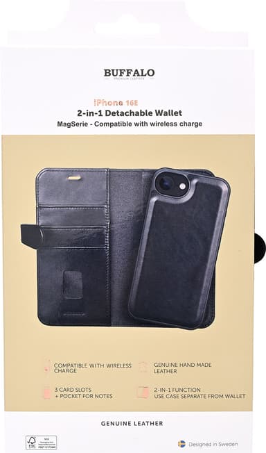 Buffalo iPhone 16E 2-i-1 plånboksfodral (svart)