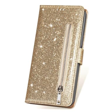 SKALO Samsung S25 Glitter Dragkedja Plånboksfodral - Guld