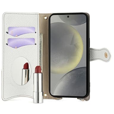 SKALO Samsung S25 Litchi Makeup Mirror Chain Plånboksfodral - Vit