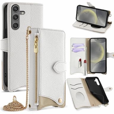 SKALO Samsung S25 Litchi Makeup Mirror Chain Plånboksfodral - Vit