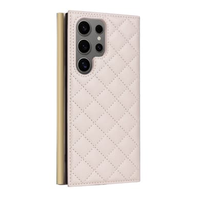SKALO Samsung S25 Ultra Guldkant Quiltat Axelrem Plånboksfodral - Beige
