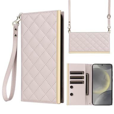 SKALO Samsung S25+ Guldkant Quiltat Axelrem Plånboksfodral - Beige
