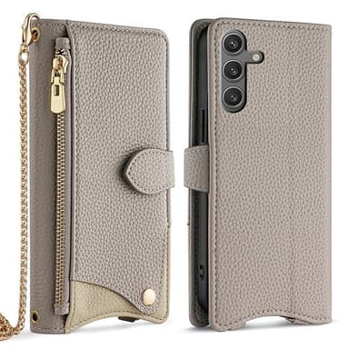 SKALO Samsung S25 Litchi Makeup Mirror Chain Plånboksfodral - Grå