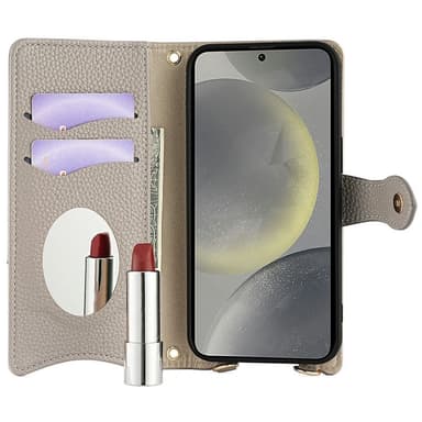 SKALO Samsung S25 Litchi Makeup Mirror Chain Plånboksfodral - Grå