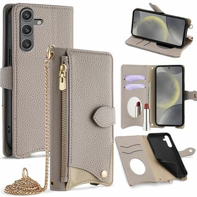 SKALO Samsung S25 Litchi Makeup Mirror Chain Plånboksfodral - Grå