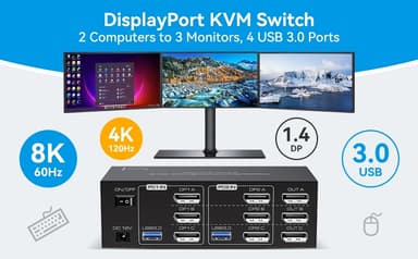 NÖRDIC DisplayPort 1.4 KVM-switch 2 datorer 3 skärmar 8K60Hz 4K144Hz tripplaskärmar 4 USB 3.0 för 2 PC att dela 3 skärmar