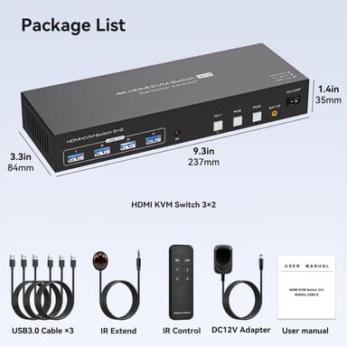 NÖRDIC HDMI KVM-switch 3 datorer 2 skärmar 4K60Hz EDID 4 USB 3.0-portar med fjärrkontroll