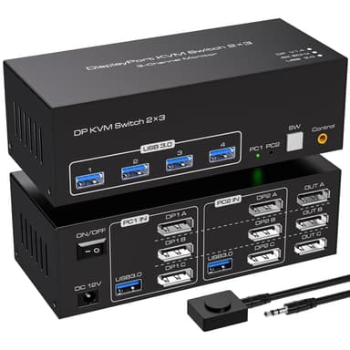 NÖRDIC DisplayPort 1.4 KVM-switch 2 datorer 3 skärmar 8K60Hz 4K144Hz tripplaskärmar 4 USB 3.0 för 2 PC att dela 3 skärmar