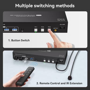 NÖRDIC HDMI KVM-switch 3 datorer 2 skärmar 4K60Hz EDID 4 USB 3.0-portar med fjärrkontroll