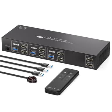 NÖRDIC HDMI KVM-switch 3 datorer 2 skärmar 4K60Hz EDID 4 USB 3.0-portar med fjärrkontroll