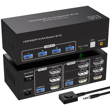 NÖRDIC KVM-switch 2 PC 3 skärmar 8K60Hz 4K144Hz Tripplaskärmar 2xDP 1xHDMI 4xUSB 3.0-portar