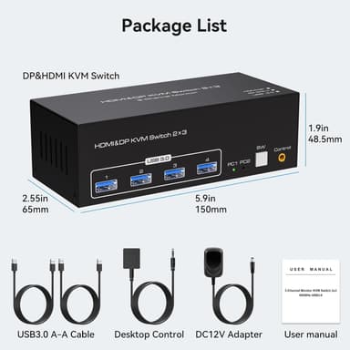 NÖRDIC KVM-switch 2 PC 3 skärmar 8K60Hz 4K144Hz Tripplaskärmar 2xDP 1xHDMI 4xUSB 3.0-portar