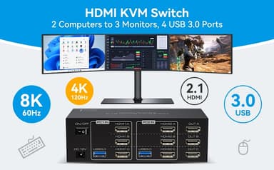 NÖRDIC HDMI 2.1 KVM-switch 2 datorer 3 skärmar 8K60Hz 4K144Hz Trippel skärm 4 USB 3.0 för 2 PC dela 3 skärmar
