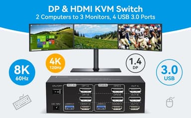 NÖRDIC KVM-switch 2 PC 3 skärmar 8K60Hz 4K144Hz Tripplaskärmar 2xDP 1xHDMI 4xUSB 3.0-portar