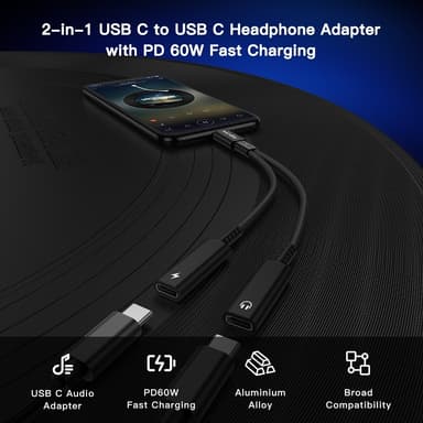 NÖRDIC 1 till 2 USB-C till 2xUSB-C hörlursadapter med 60W laddning