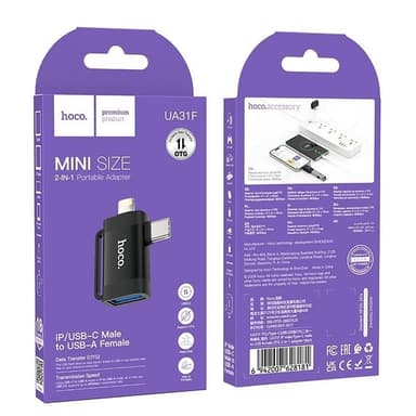 Hoco 2in1 Adapter OTG USB-A till Lightning/USB-C UA31F - Svart