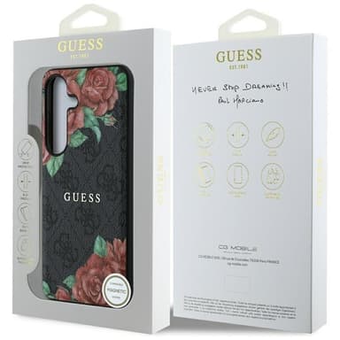 Guess Galaxy S25 Mobilskal MagSafe Flowers Print Metal Logo - Svart