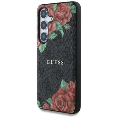 Guess Galaxy S25 Mobilskal MagSafe Flowers Print Metal Logo - Svart