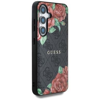 Guess Galaxy S25 Mobilskal MagSafe Flowers Print Metal Logo - Svart