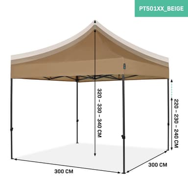 VONROC Partytält 3x3 m – Vattentätt, UV-skydd 50+ – Stålram – Hopfällbart med Förvaringsväska – Beige