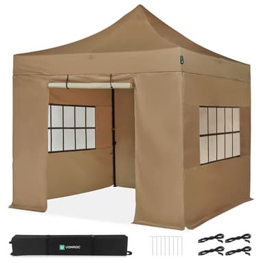 VONROC Partytält 3x3 m – Snabbmonterat Easy-Up | Inkl. 4 sidoväggar, UV-skydd 50+, Vattentätt & Fällbart | Beige