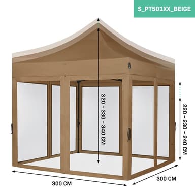 VONROC Partytält 3x3 m – Modulär Design med Sidoväggar & Myggnät – Vattentåligt & UV-skydd – Enkel Montering – Beige