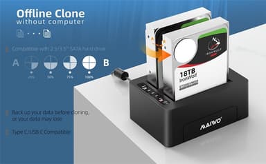Maiwo K3082C USB C 3.1 GEN2 10Gbps Dockningsstation för 2st 2,5 3,5 SATA HDD SSD upp till 20TB med stöd för UASP, Stöd för SATAIII 6Gbps