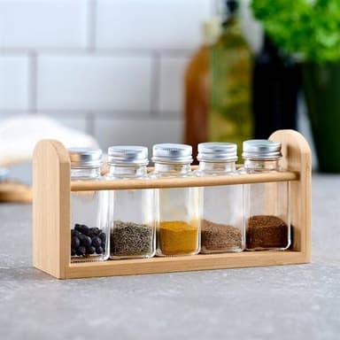 Kryddhylla i bambu med 5 glasbehållare och aluminiumlock