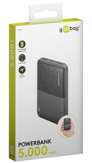 Goobay Powerbank kompakt 5.000 mAh praktisk och platsbesparande design med 5.000 mAh, perfekt för resor