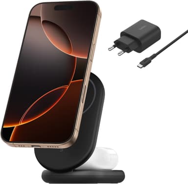 Belkin BoostCharge 2-i-1 15W Qi2 magnetladdare (svart)