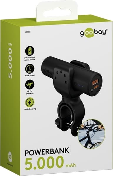 Goobay Bike powerbank 5.0 (5 000 mAh) liten, tunn och praktisk powerbank med en kapacitet på 5.000 mAh för montering på cykeln
